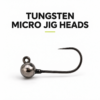 Tungsten Micro Jig Heads: a tungsten bead and black barbless hook on a white background.