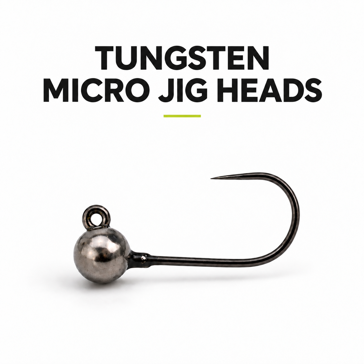 Tungsten Micro Jig Heads: a tungsten bead and black barbless hook on a white background.