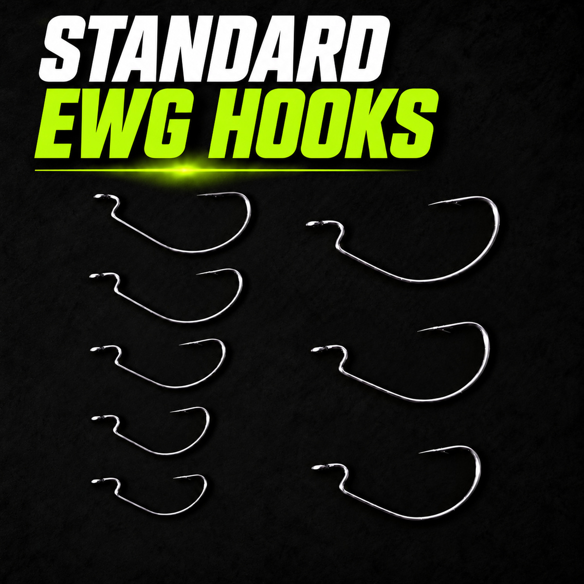Standard EWG Hooks – 1200 square Eight black nickel EWG hook sizes with a large white and lime Standard EWG Hooks label