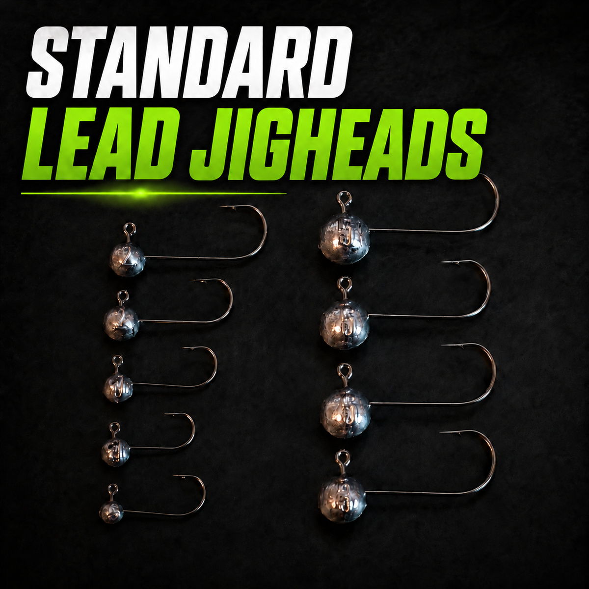 Nine standard lead jig heads in two columns with a large white and lime Standard Lead Jigheads label