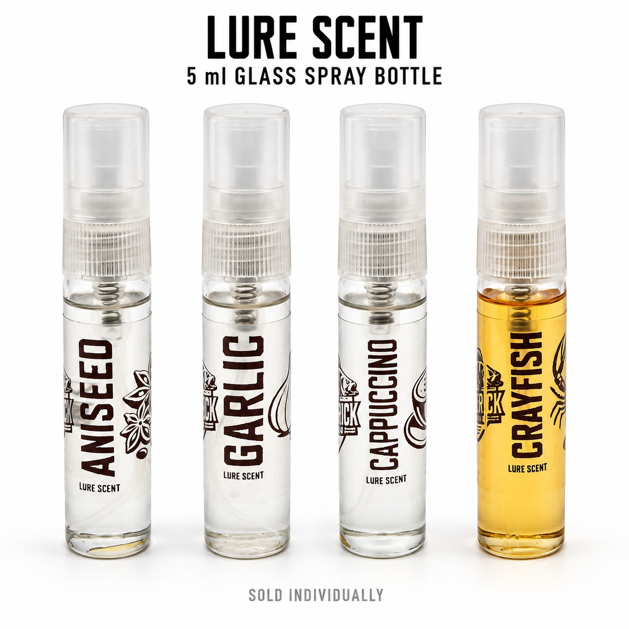 Lure Scent Bottles – 5 ml Four 5 ml glass lure-scent spray bottles: Aniseed, Garlic, Cappuccino and Crayfish, shown on a white background. Sold individually.