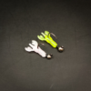 Nano Pincher rigged on micro jig heads Pearl White and Chartreuse Nano Pincher lures rigged on micro jig heads against a dark background